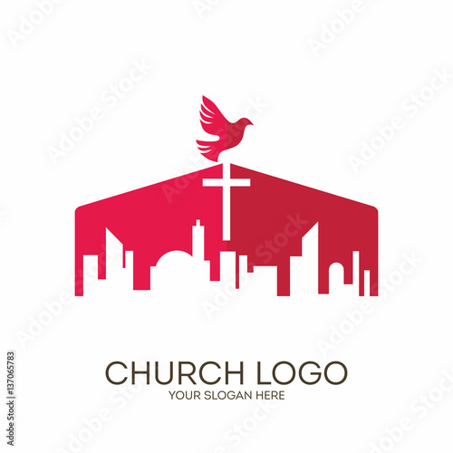 Church logo. Christian symbols. The Cross of Jesus Christ towers over the big city.