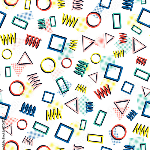 Retro memphis geometric line shapes seamless patterns. Hipster fashion 80-90s. Abstract jumble textures. Zigzag lines. Triangle. Memphis style for printing, website, design, poster.