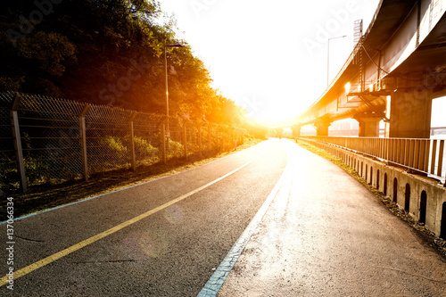 Photography traffic on road near river in seoul at sunrise