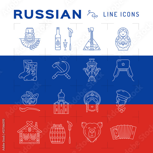 Russian line icons. Russian traditional symbols - flag, matryoshka doll, vodka food, samovar, balalaika, bear, USSR, ornament and etc. Vector flat illustration