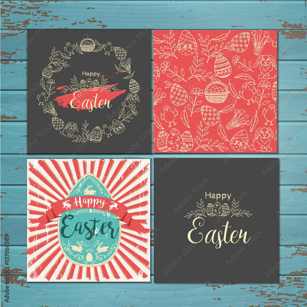 Set of greeting Easter cards on wooden background. Vector hand-drawn easter symbols - obrazy, fototapety, plakaty 
