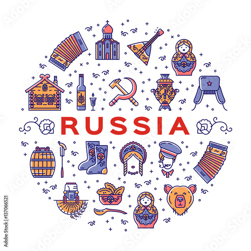 Russian line icons circle infographics. Russian traditional symbols - flag, food, matryoshka doll, vodka, samovar, balalaika, bear, USSR, ornament and etc. Vector colorful poster postcard