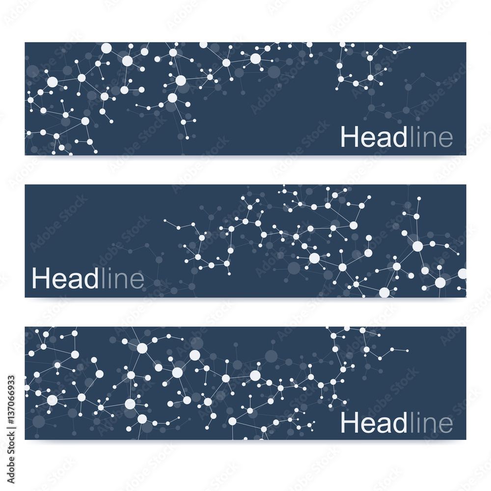 Scientific set of modern vector banners. DNA molecule structure with connected lines and dots. Science vector background. Medical, tecnology, chemistry design.