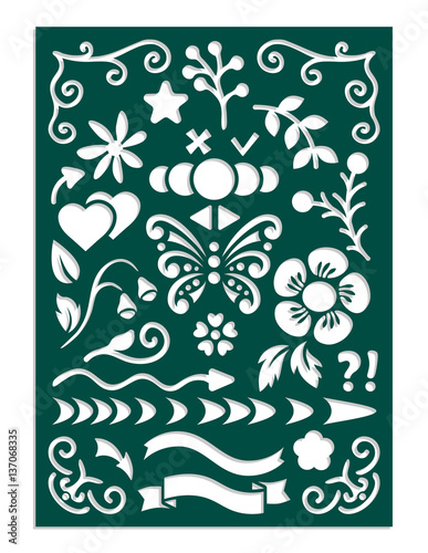 Laser cut template for planner notebook or journal dairy stencil. Arrows, dividing lines, flowers, openwork corners, butterfly, heart, branch, leaf, bud, symbols for fields notes. Vector illustration.