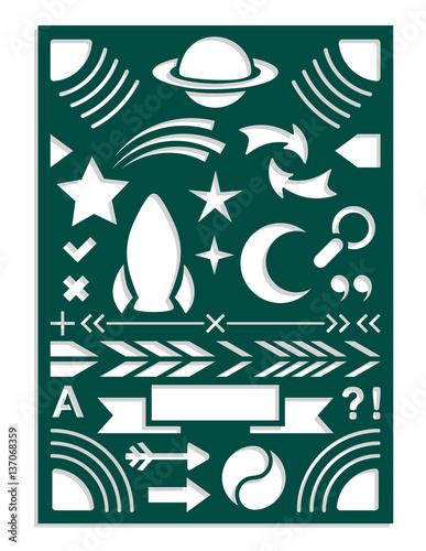Laser cut template for planner notebook or journal dairy stencil. Arrows, dividing lines, planet, stars, moon, comet, Yin Yang, quotes, magnifier, symbols for fields notes. Vector illustration.