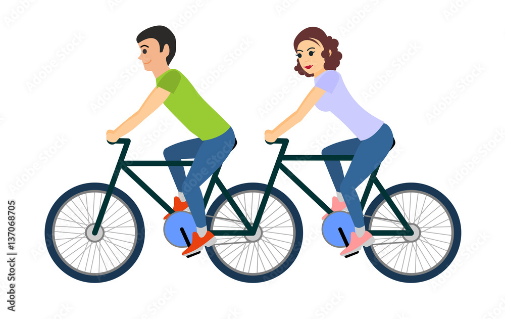 Couple of man and woman riding a tandem bicycle. Vector illustration isolated on white background