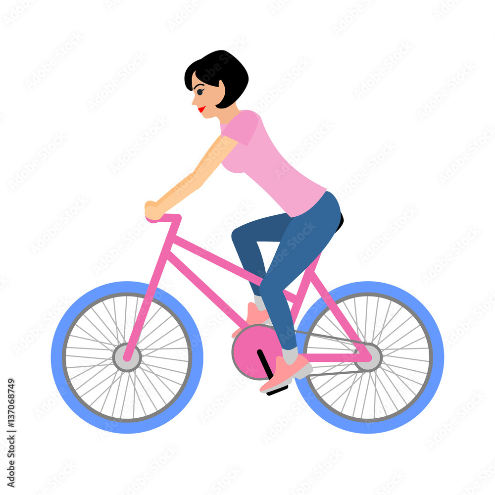 Woman cyclist rides a bicycle. Vector illustration isolated on white background Woman cyclist rides a bicycle. Vector illustration isolated on white background