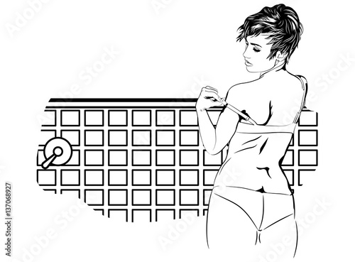 Woman undressed in the bathroom. Retro-styled vector image.