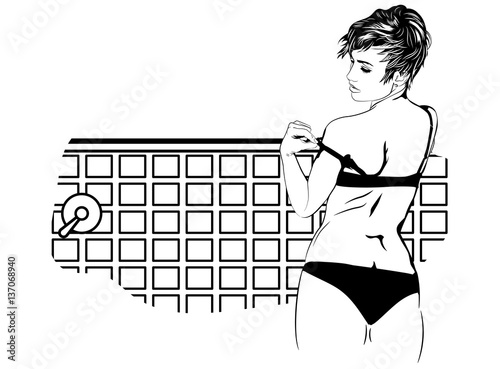 Woman undressed in the bathroom. Retro-styled vector image.