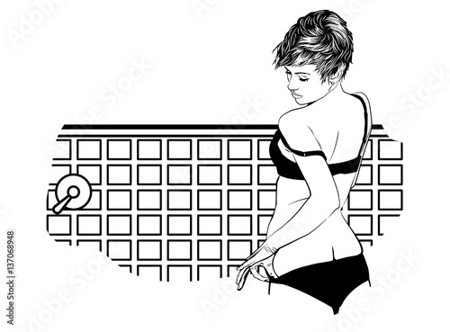 Woman undressed in the bathroom. Retro-styled vector image.