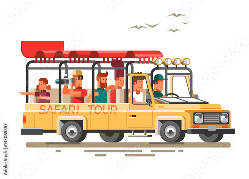 Tourists ride on the savannah in a car and make photos of nature. 3d vector illustration.