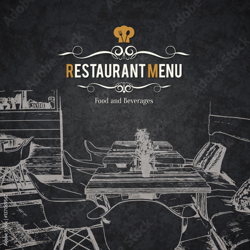 Restaurant menu design. Vector menu brochure template for cafe, coffee house, restaurant, bar. Food and drinks logotype symbol design. With a sketch pictures