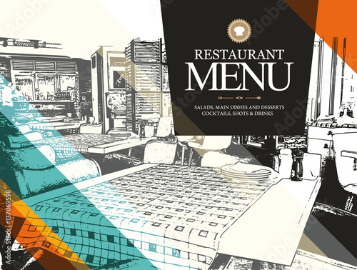 Restaurant menu design. Vector menu brochure template for cafe, coffee house, restaurant, bar. Food and drinks logotype symbol design. With a sketch pictures