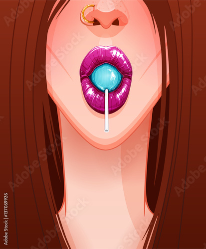 Close-up of sexy woman's mouth with beautiful pink lips sucks a lollipop
