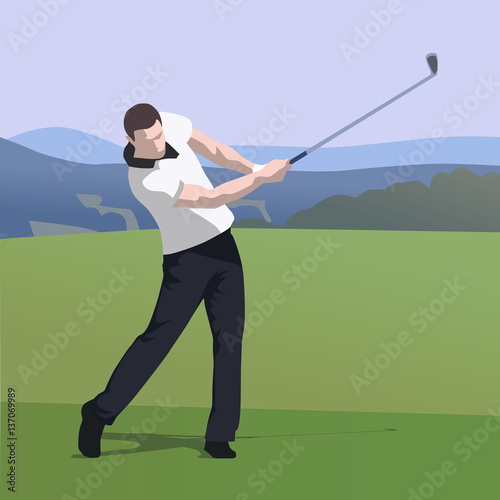Golfer wearing white shirt and dark trousers hits ball on golf c