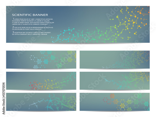 Set of modern scientific banners. Molecule structure DNA and neurons. Abstract background. Medicine, science, technology, business, website templates. Scalable vector graphics.