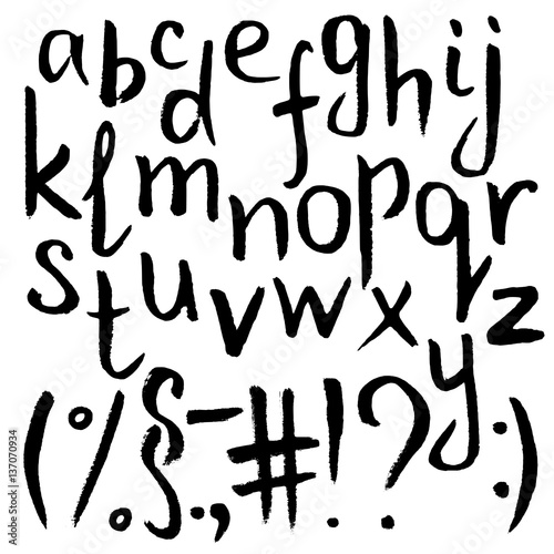 Hand-drawn black lowercase letter Alphabet and signs