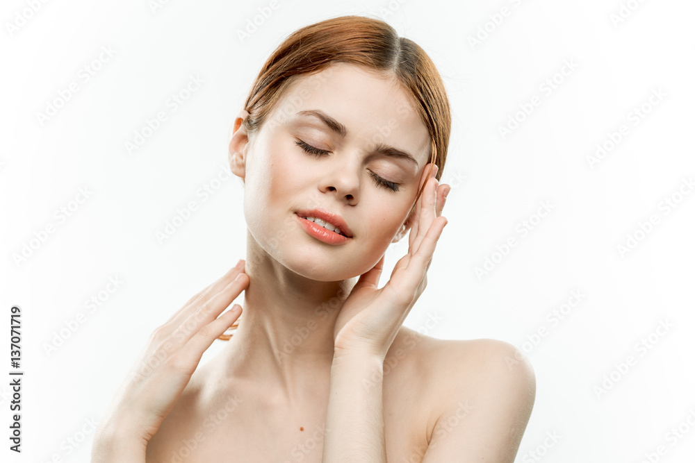 nude pretty woman with closed eyes holding her palm head nude pretty woman with closed eyes holding her palm head