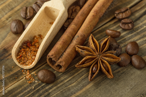 coffee beans, spices and cinnamon star anise