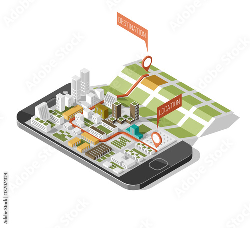 City isometric plan with road and buildings on smart phone. Map on mobile application. 3d vector illustration. 