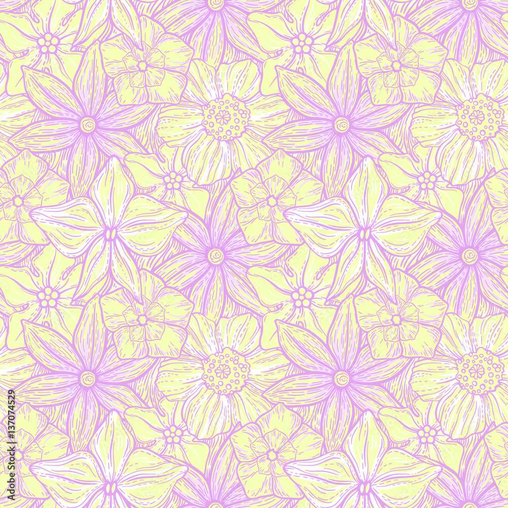 Hand drawn pattern with decorative floral ornament. Stylized colorful flowers. Summer spring neutral background. Vector illustration