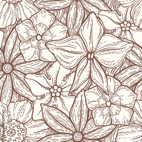 Hand drawn pattern with decorative floral ornament. Stylized colorful flowers. Summer spring neutral background. Vector illustration