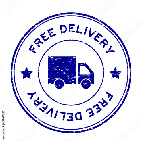 Grunge blue free delivery with truck icon round rubber stamp