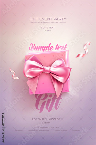 Pink Festive flyer or poster. Top view on gift box and bow with beautiful backdrop
