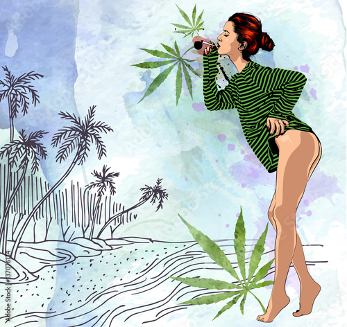 Beauty woman on ocean palm trees beach, hand drawn. Watercolor paper background. Vector image