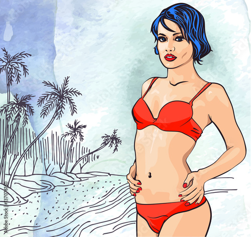 Beauty woman on ocean palm trees beach, hand drawn. Watercolor paper background. Vector image