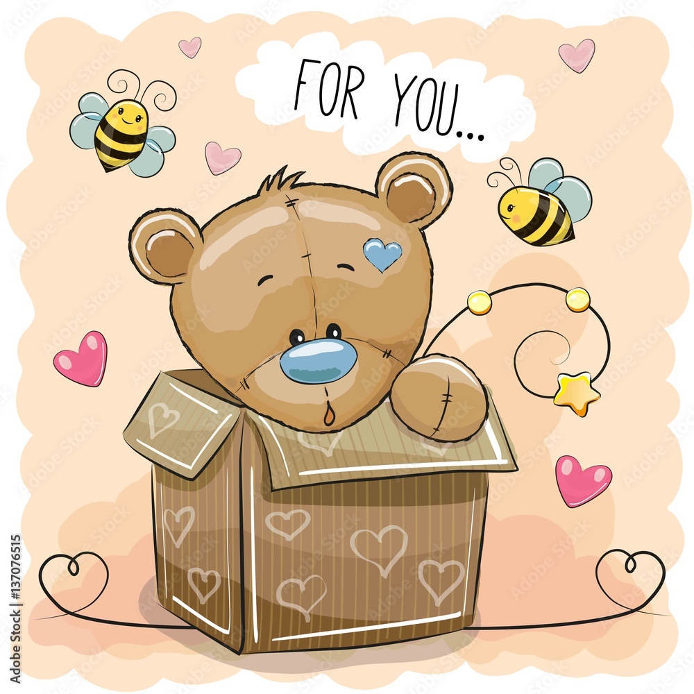 Naklejka premium Cute Teddy bear in a box