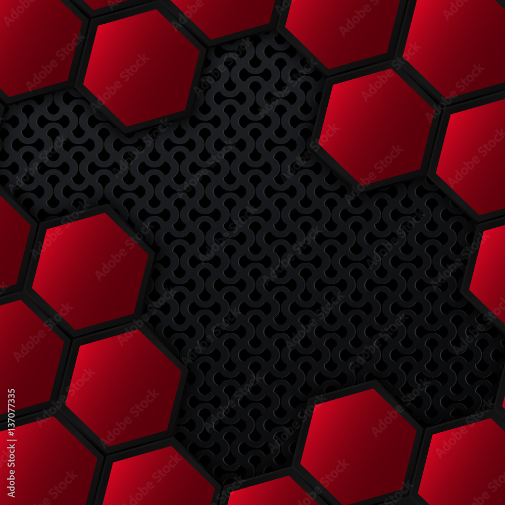 Metal background with hexagons. Black and red geometric background