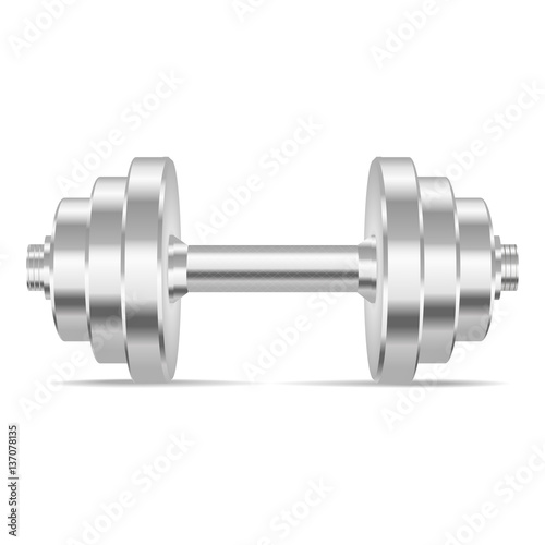 Silver realistic dumbbell isolated on white background. Realistic vector illustration.
