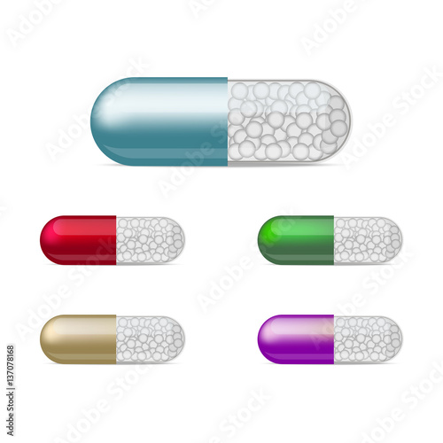 Set of medical capsule with granules. Vector illustration