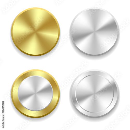 Realistic gold and silver button with circular processing. Vector illustration