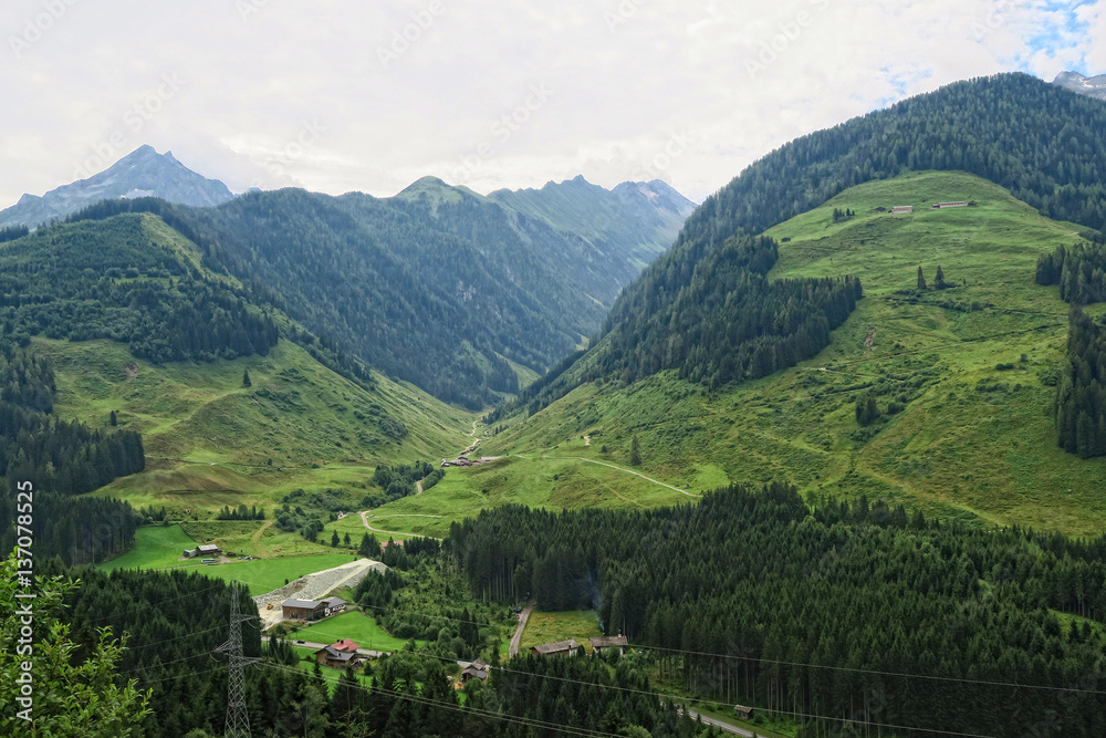 panoramic view into zillertal valley at gerlos road