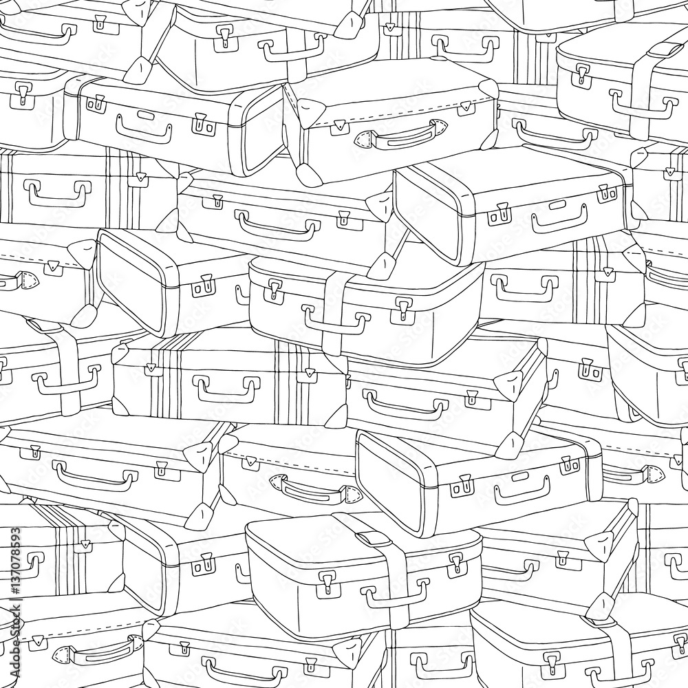 Vector hand drawn stack of old retro suitcases illustration for adult coloring book. Freehand sketch for adult anti stress coloring book page with doodle and zentangle elements.