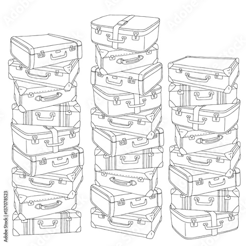 Vector hand drawn stack of old retro suitcases illustration for adult coloring book. Freehand sketch for adult anti stress coloring book page with doodle and zentangle elements.