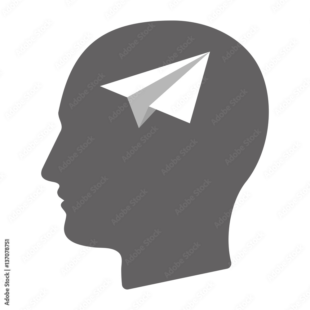 Isolated male head with a paper plane Isolated male head with a paper plane