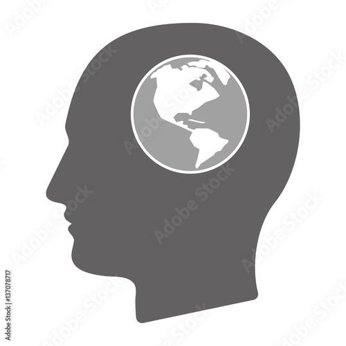 Isolated male head with an America region world globe