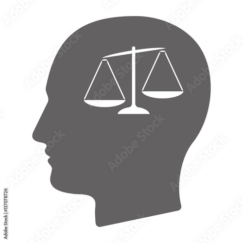 Isolated male head with  an unbalanced weight scale