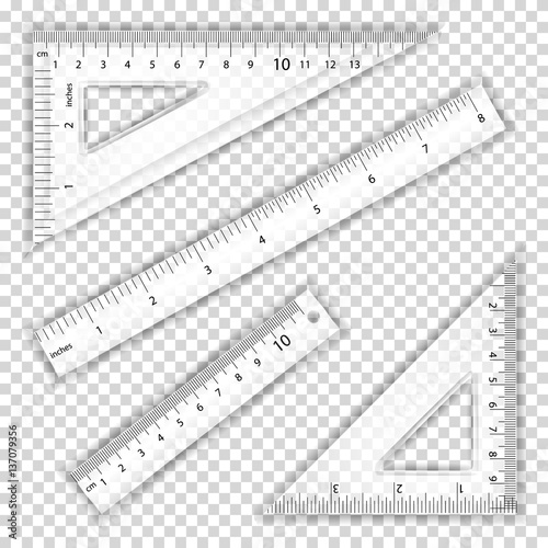 Transparent Ruler And Triangles Vector. Centimeter And Inch. Measure Tool Equipment Illustration. Several Instruments Variants, Proportional Scaled.