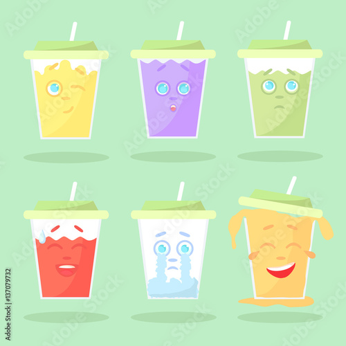 Set of colored lemonade with emotions. Closed green cover with straw. Wink, surprised, guilty, laughter wit cold sweat, cry, laughter to tears.