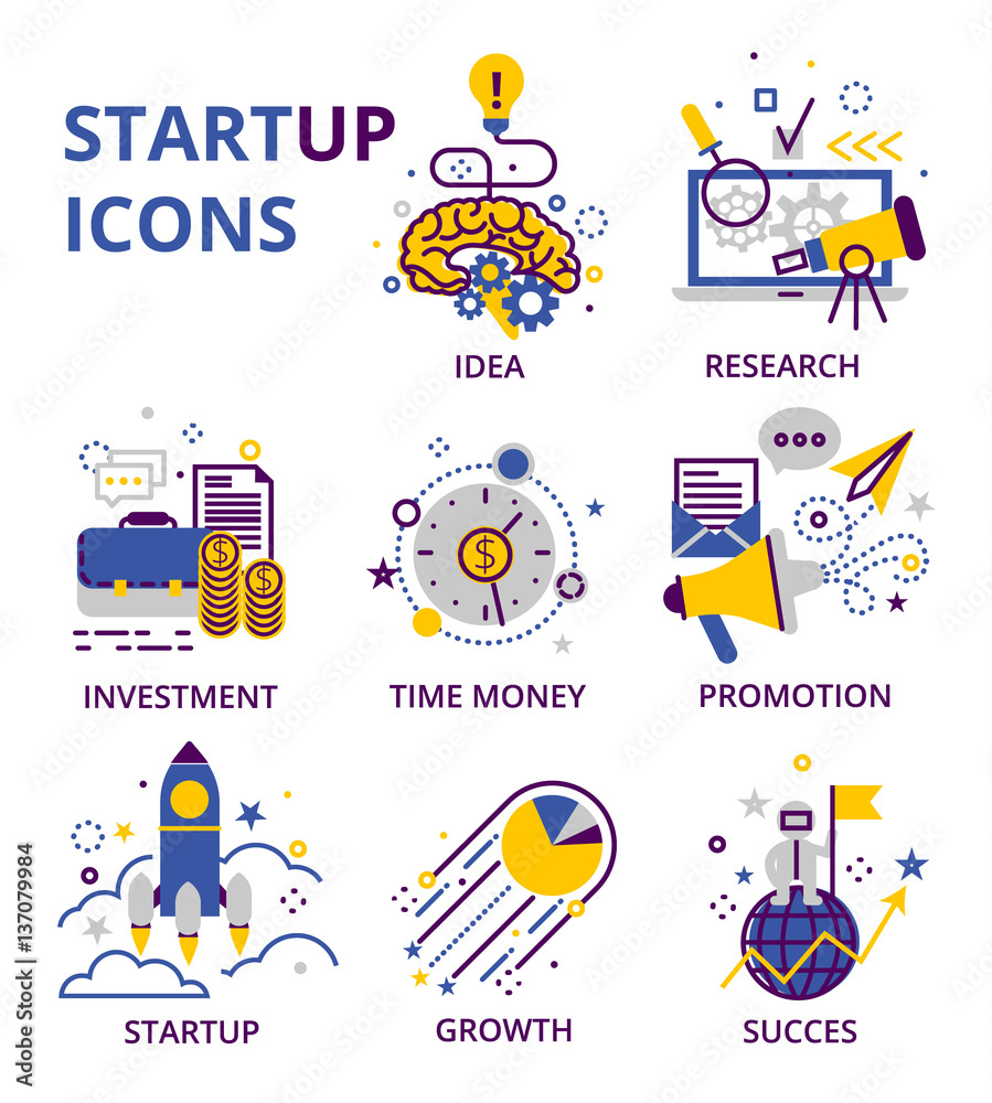 Start up business icon set isolated on white background.Suitable for info graphics, websites and banners. Vector illustrations, flat line design, creative concepts of startup, business.