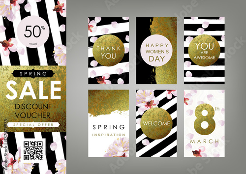 International Women's Day card, Gift certificate, Voucher, Coupon templates set. Shabby gold, black and white stripes, blossom plum and marble texture. The eighth of March decoration concept.