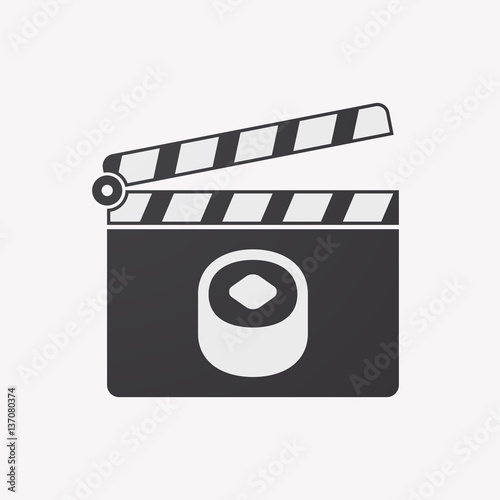 Isolated clapper board with a piece of sushi