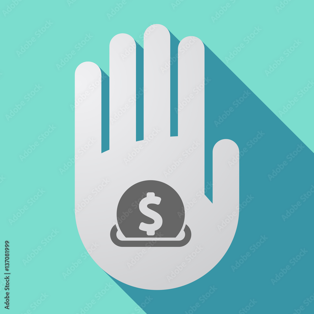Long shadow hand with a dollar coin entering in a moneybox Long shadow hand with a dollar coin entering in a moneybox