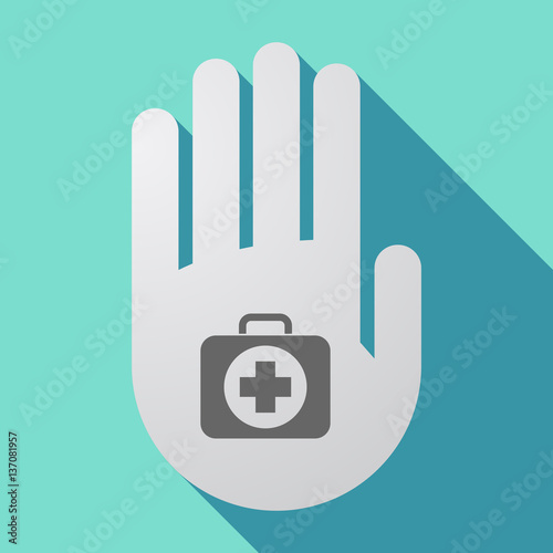 Long shadow hand with  a first aid kit icon
