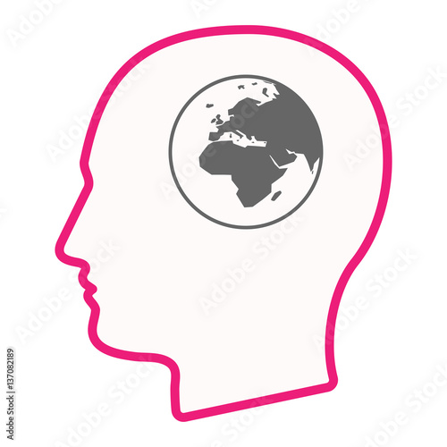 Isolated male head with an Asia, Africa and Europe regions wor