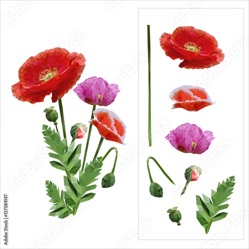 set of colored mosaic poppies on white background. easy to modify. vector illustration.